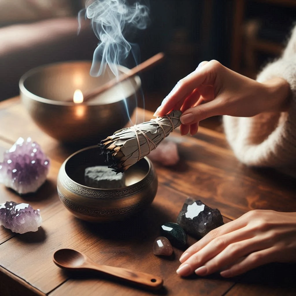 Purifier sa maison soi-même : main tenant un bâton de sauge fumant au-dessus d'un bol tibétain en cuivre, entouré de cristaux d'améthyste, de quartz et d'obsidienne sur une table en bois — rituel de purification énergétique DIY